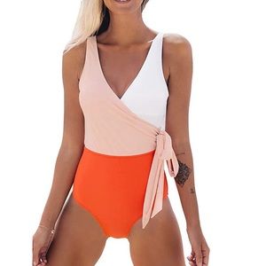 CUPSHE Orange, Peach, & White One Piece Swimsuit Wrap Color Block Small